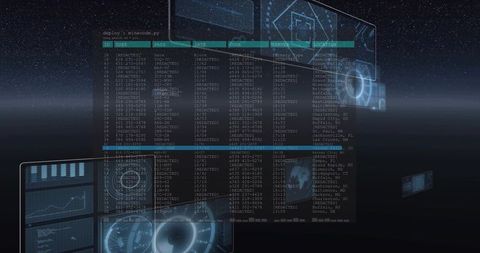 Holographic Cyber Terminal Floating in Starfield With Translucent Data Dashboard Analytics