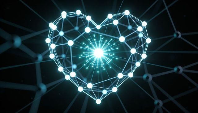 Futuristic digital heart network with radiant core, glowing nodes, ai concept