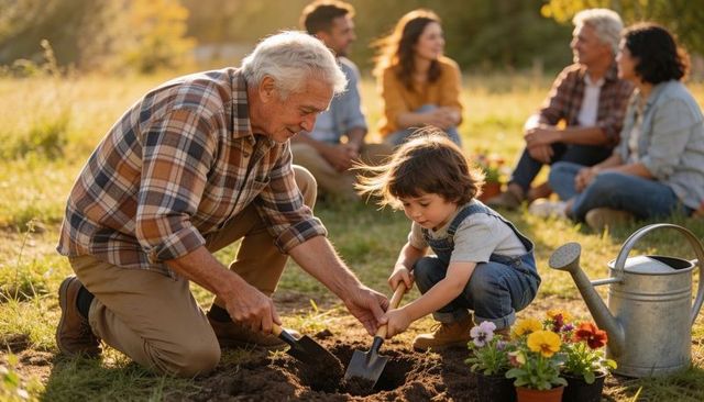 Grandparent teaching grandchild gardening, planting flowers and digging together outdoors