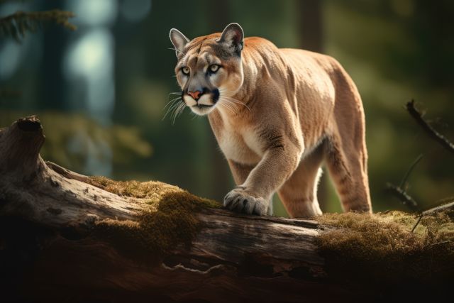A majestic mountain lion prowls in a forest setting. Its intense gaze and muscular build emphasize the predator's stealth and power in its natural habitat.