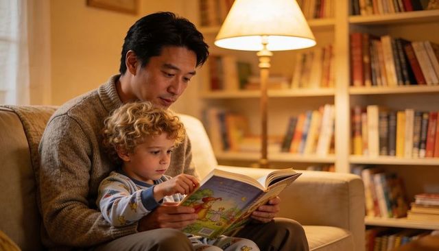 Father and son reading bedtime story on sofa, cozy nighttime family reading moment