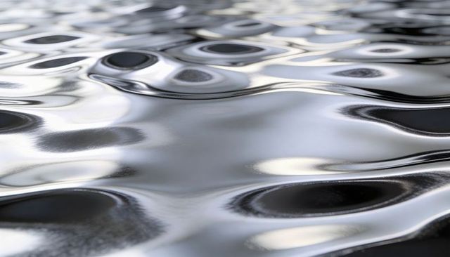 Liquid chrome rippled surface with concave dimples and glossy metallic reflections