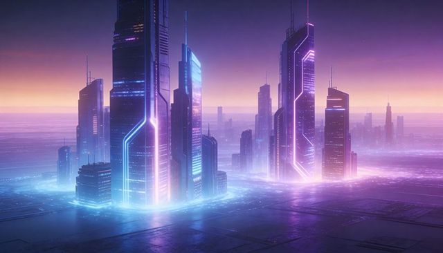 Futuristic glowing neon metropolis rising on reflective platform at dusk