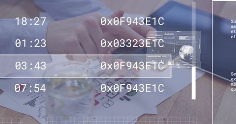 Business professionals pointing at documents with digital hex code overlays and tablet