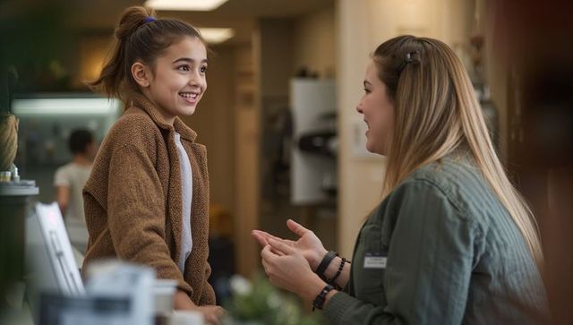 Smiling child checking in at friendly clinic reception with attentive female receptionist