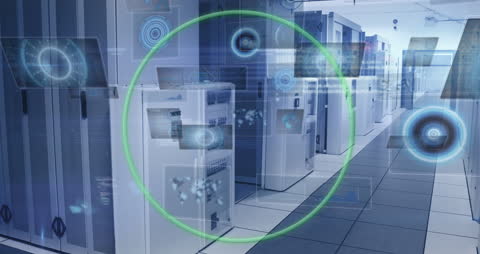 Futuristic Data Center with Digital Interfaces and Connections