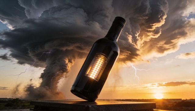 Tilting led-lit dark glass bottle amid swirling tornado, lightning and golden sunset drama