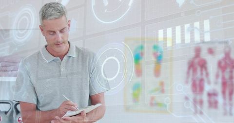 Middle-aged clinician taking notes with augmented data overlay in fitness clinic