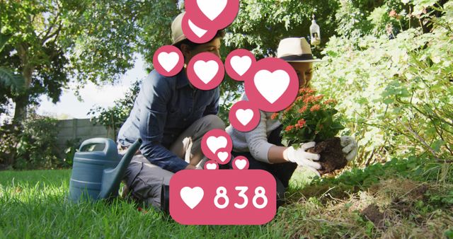 Two people collaborating in a garden, planting flowers, surrounded by social media like icons. Ideal for themes of digital engagement, social interaction, gardening hobbies, and teamwork in outdoor activities.