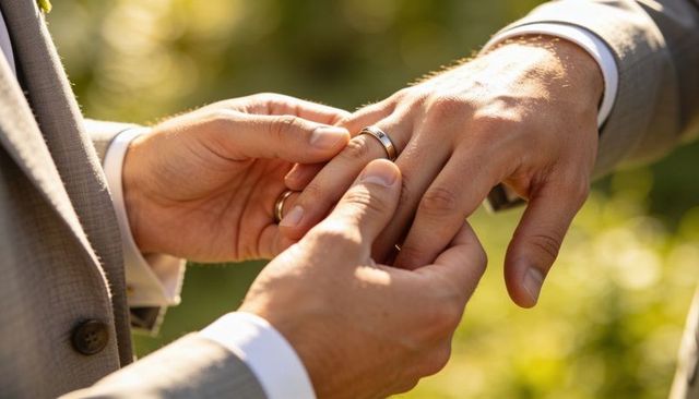 Two grooms exchanging wedding rings in sunlit garden close-up emotional moment
