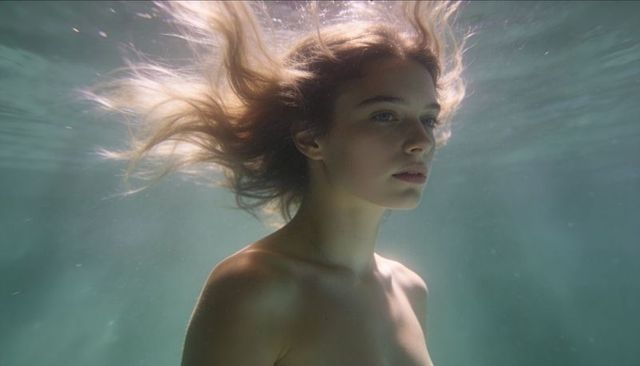 Underwater portrait of floating blonde woman with flowing hair, sunrays, turquoise water