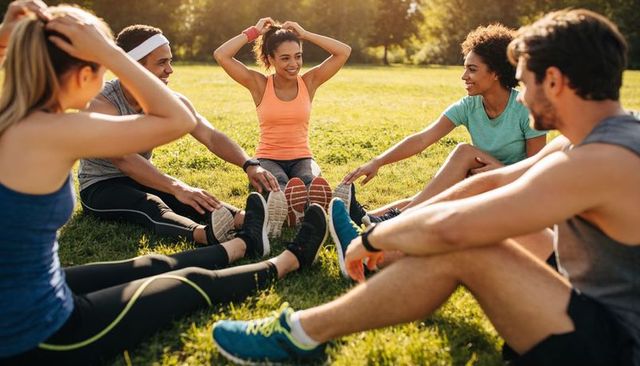 Diverse group cooling down after run sitting in park circle outdoor fitness recovery