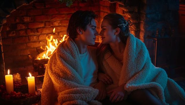 Cozy Couple Snuggling Before Romantic Fireplace
