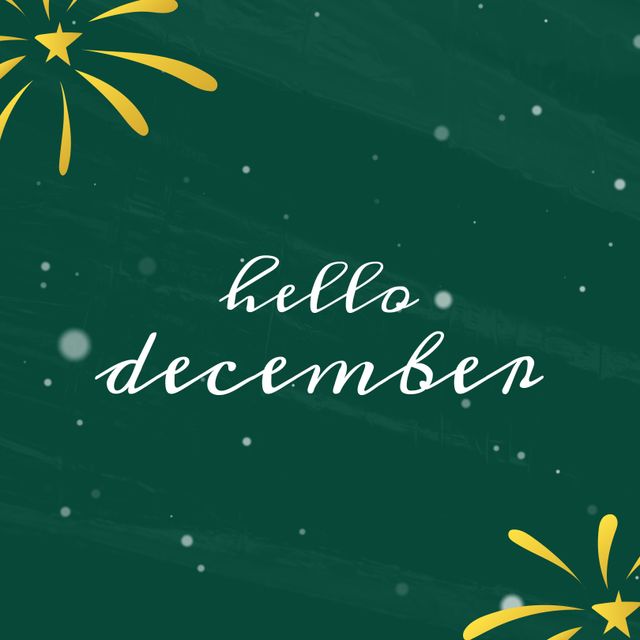 Illustration of hello december text with dots, stars and lines against green background, copy space. Vector, christmas, winter, welcome, greeting, holiday, design, art and celebration concept.