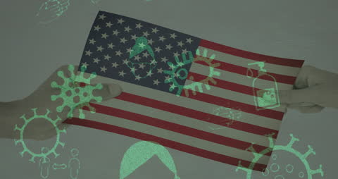 USA Flag with Floating COVID-19 Icons Illustrating the Pandemic