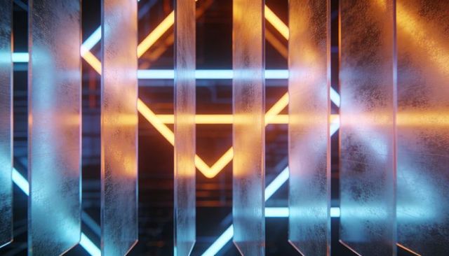 Frosted Glass Panels Diffusing Orange and Cyan Neon Geometry | Futuristic Light Installation