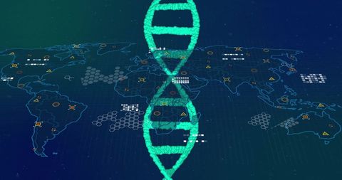 DNA Strand Over World Map Symbolizing Global Research