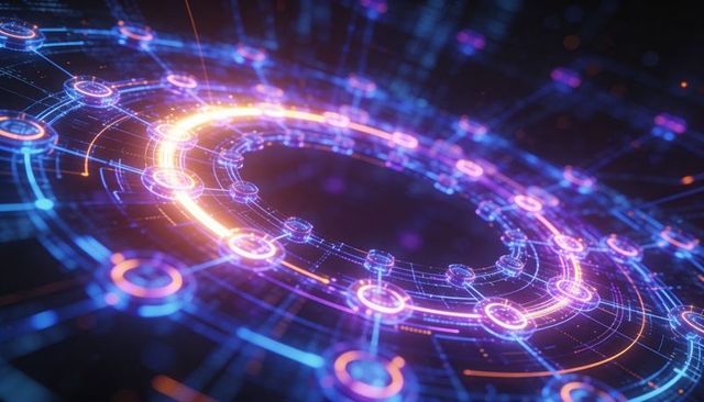 Pulsing Holographic Data Rings Visualizing Network Flow, Cyber Circuitry and AI Interface