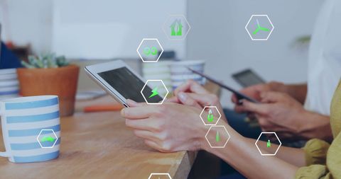 Digital Tech and Eco Icons in Collaborative Office Space - Download Free Stock Images Pikwizard.com
