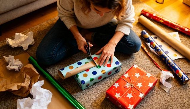 Cozy Holiday Gift Wrapping Woman Trimming Cardboard Tube While Wrapping Presents on Carpet