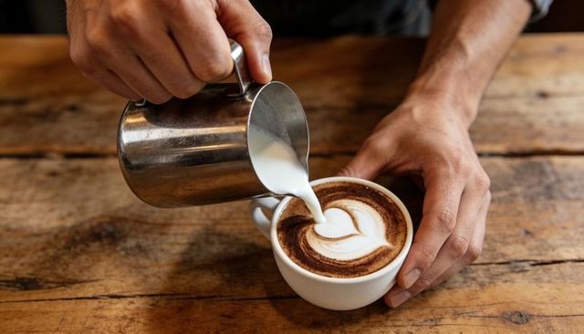 Barista pouring milk creating heart latte art on rustic wooden table for cozy cafe moments