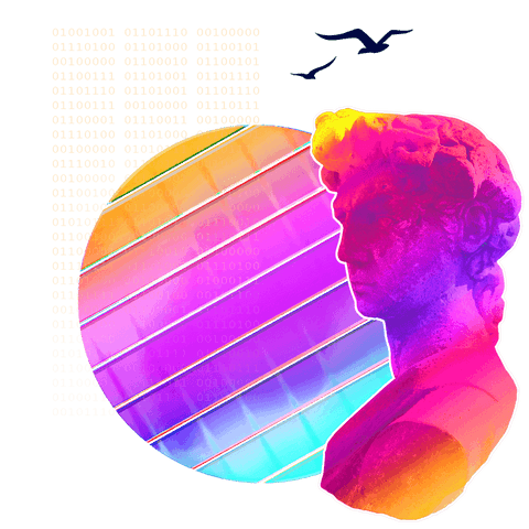 Neon Classical Bust on Digital Binary Background with Birds Transparent Design - Download Free Stock Videos Pikwizard.com