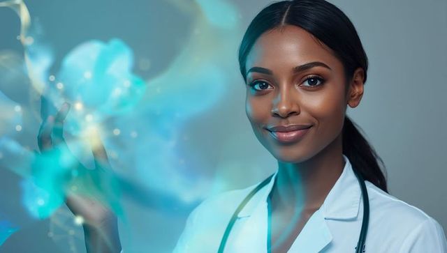 Smiling female doctor interacting with futuristic holographic interface