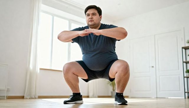 Plus-size man squatting at home doing bodyweight workout in natural light minimal living room