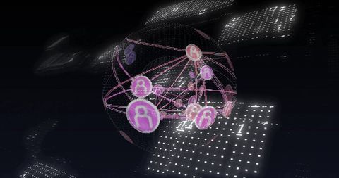 Visual representation of network connections intertwined with binary code. Visually appealing digital interface showcasing interconnected nodes with pink highlighting. Ideal for illustrating technology in action, platform integration artwork, or data analysis promotion. Useful for tech blog visuals, future technology presentations or AI conceptual illustrations.