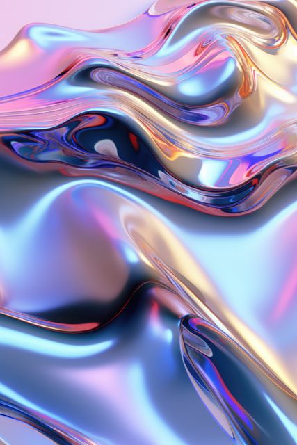 This mesmerizing abstract design features iridescent fluid waves in soft pastel colors, creating a dreamy and futuristic appearance. The smooth, shiny curves exhibit a metallic reflection that appears to flow seamlessly across the composition. This image can be used in modern art pieces, digital designs, and backgrounds for presentations, websites, and advertisements seeking a contemporary and stylish visual impact.