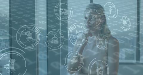 Thoughtful Businesswoman Analyzing Financial Data in Futuristic Office