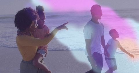 Family Strolling at Sunlit Shoreline with Pastel Hues