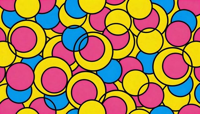 Overlapping yellow pink cyan circles and rings seamless geometric pattern for bold design