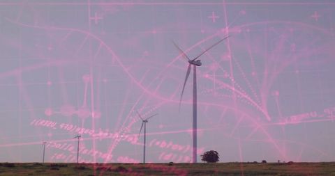 Central wind turbine rising over plain, pink data overlay for futuristic renewable energy