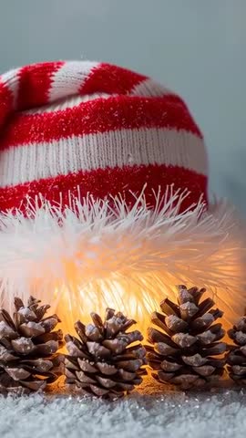 Vertical holiday video showing glowing red striped hat with faux-fur brim and pine cones