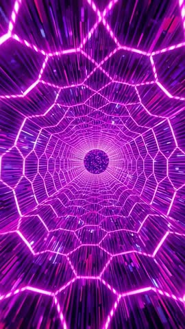 Pulsing neon hexagon tunnel pulling into cyberspace with glowing magenta particle center