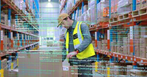 warehouse worker surveys aisle with digital data overlay for efficiency - Download Free Stock Images Pikwizard.com