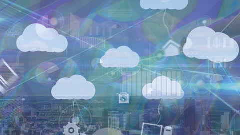 Digital Clouds with Interconnections Over Modern Cityscape