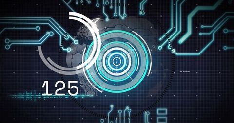 Rotating HUD Rings Over Digital World Map Telemetry Readout 125 Neon Teal Cyber Interface