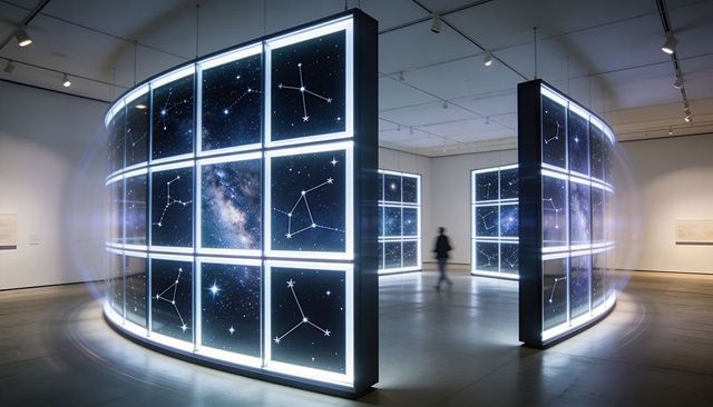 Curved illuminated starfield panels in modern museum gallery exhibiting constellations