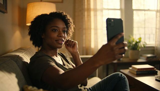 Woman taking smartphone selfie on cozy sofa in sunlit living room, relaxing and smiling