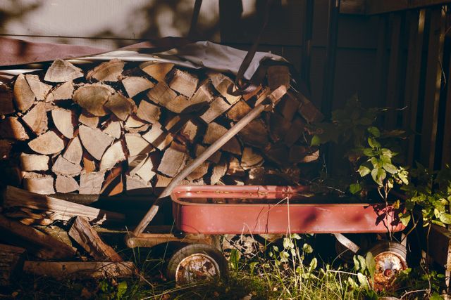 Old red wagon positioned next to a stacked pile of firewood in a rustic backyard. Ideal for use in illustrating themes of rural life, nostalgia, outdoor work, and autumn preparation.