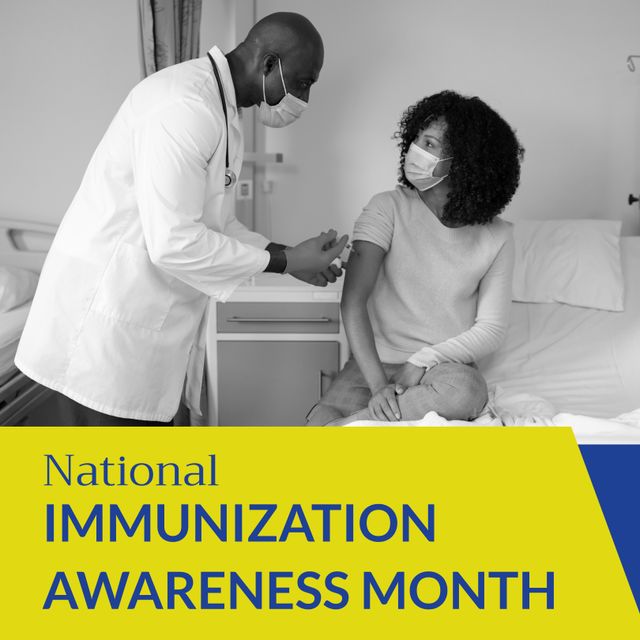 African American male doctor giving vaccination to female patient sitting on hospital bed, highlighting importance of immunization and public health. Can be used for healthcare campaigns, awareness programs, and educational materials promoting vaccinations and disease prevention.