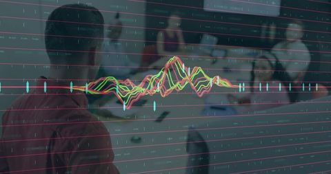 Team Analyzing Live Multicolor Data Visualization Overlay in Modern Conference Room