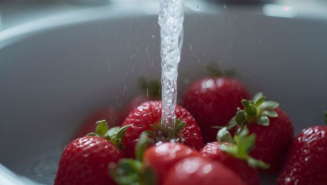 Fresh strawberries rinsing under stream of water macro closeup with droplets in white bowl