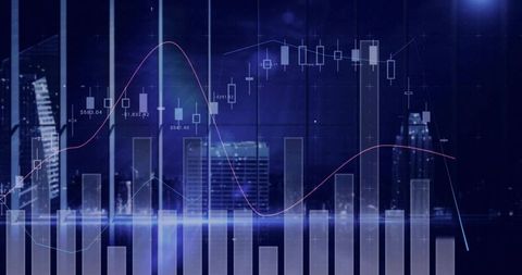 Futuristic stock market dashboard overlaying urban skyline with candlestick and bar charts