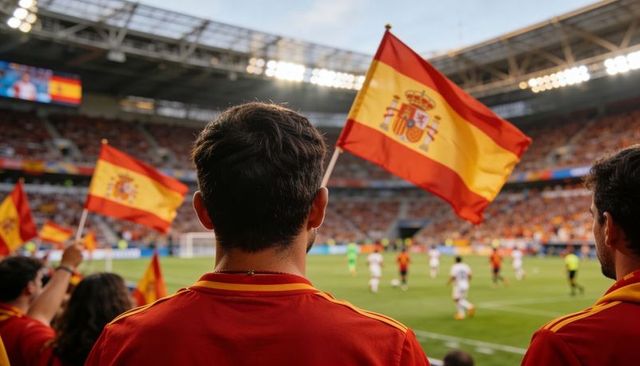 Spanish fans waving flags and cheering in stadium during football match