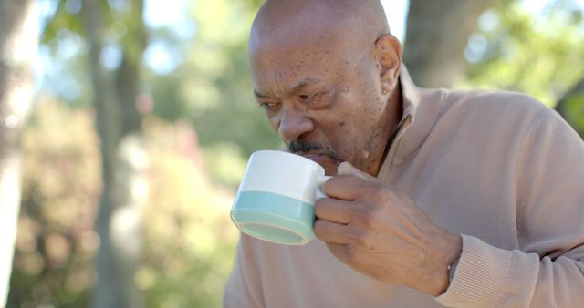 Senior Man Drinking Coffee Outdoors in Garden - Download Free Stock Images Pikwizard.com