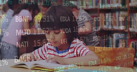 Child Reading in Library with Financial Ticker Overlay