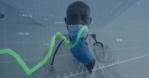 Physician analyzing healthcare analytics dashboard with green rising data chart overlay